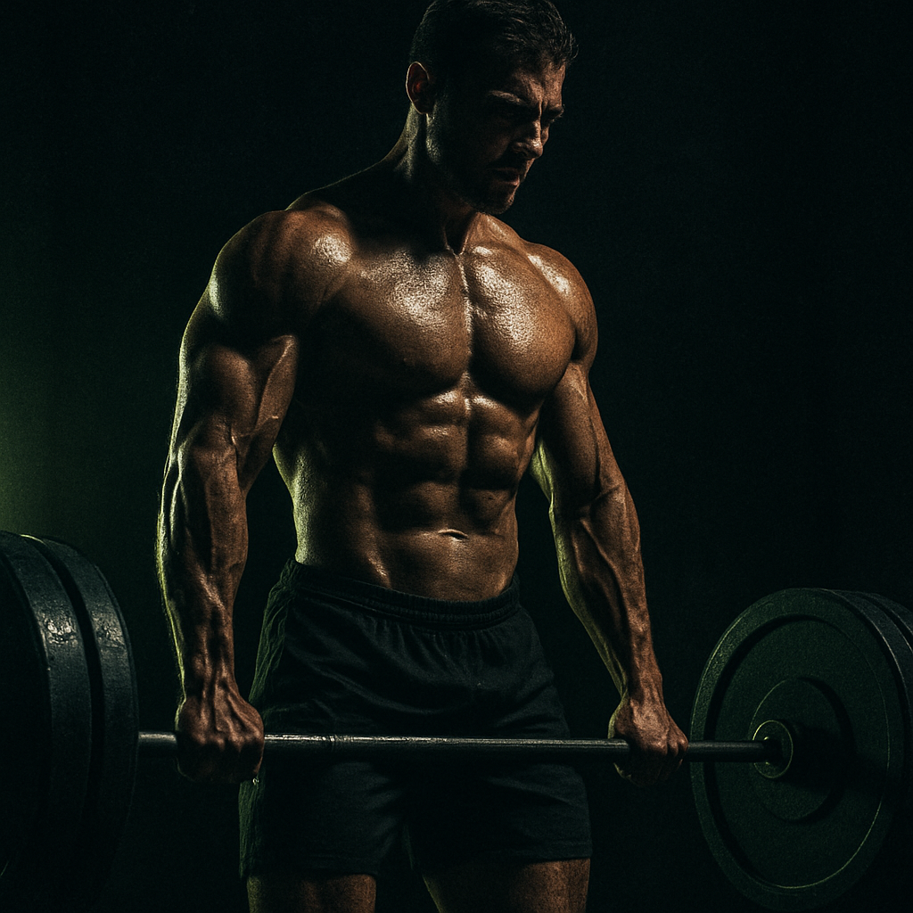 Athlete training with a barbell in a dark gym